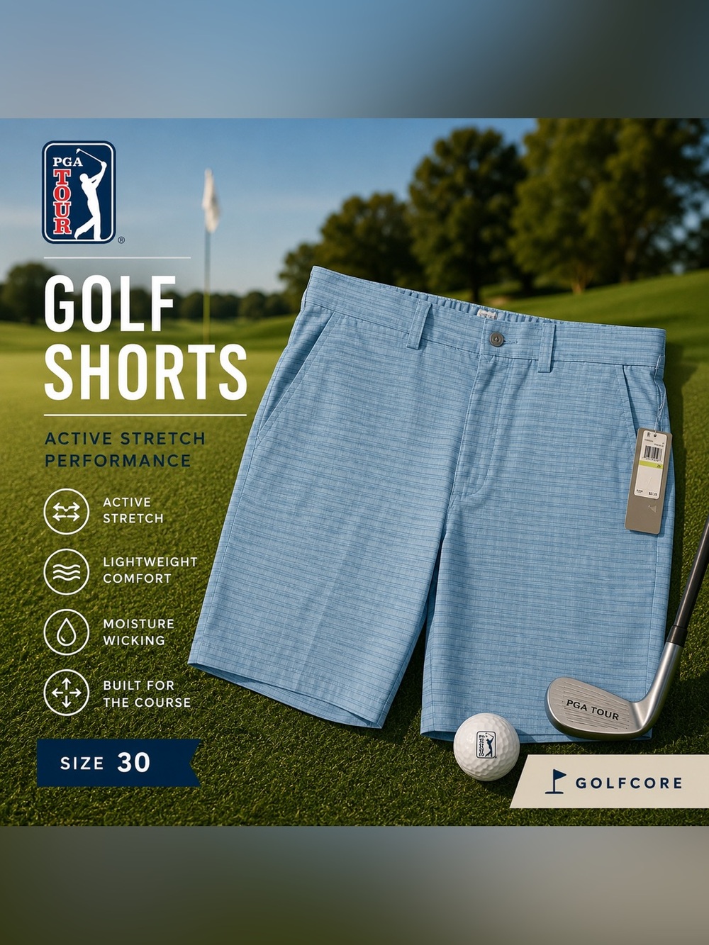 NWT PGA TOUR Men’s Golf Shorts Size 30 Blue Plaid Active Stretch Performance